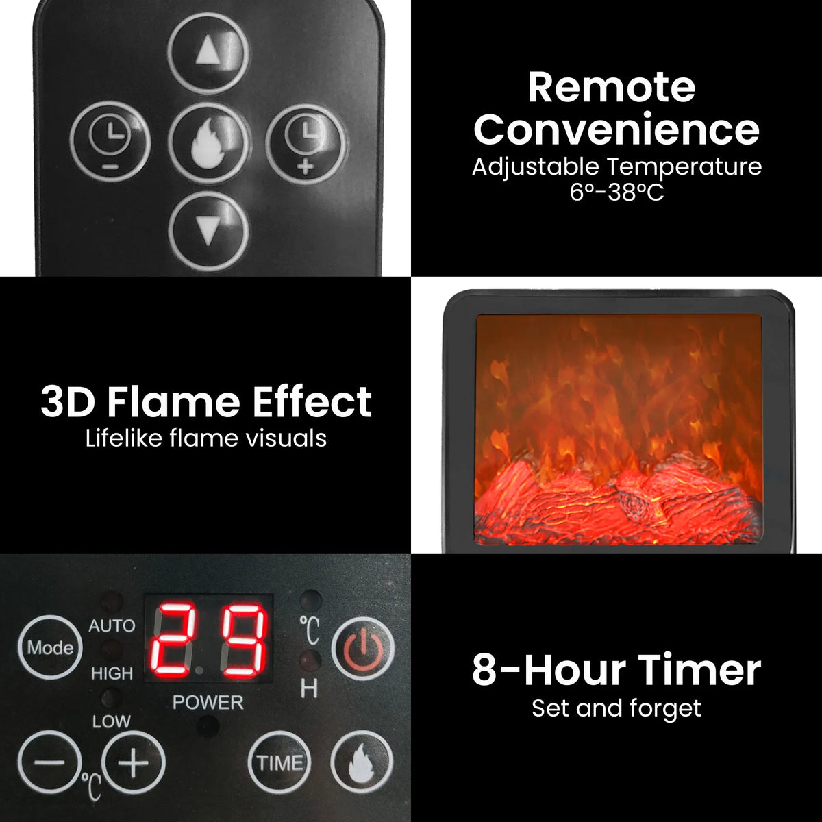 2000W PTC Ceramic Electric Portable Space Heater with 3D Flame Effect, Remote Control,