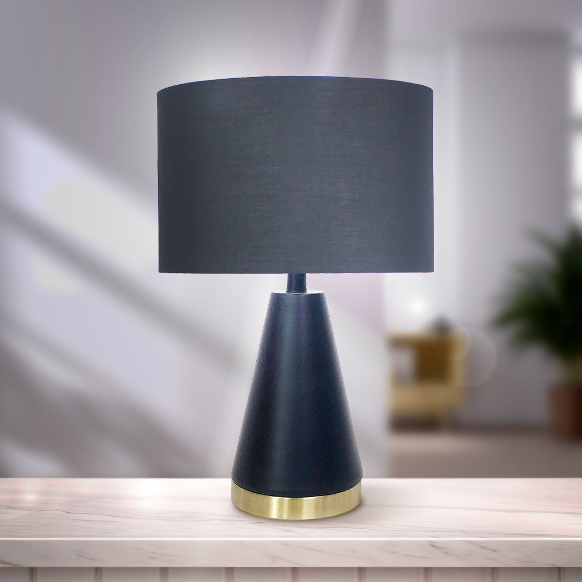 Black and Gold Metal Table Lamp with Fabric Shade Modern Bedside Desk Light for Living