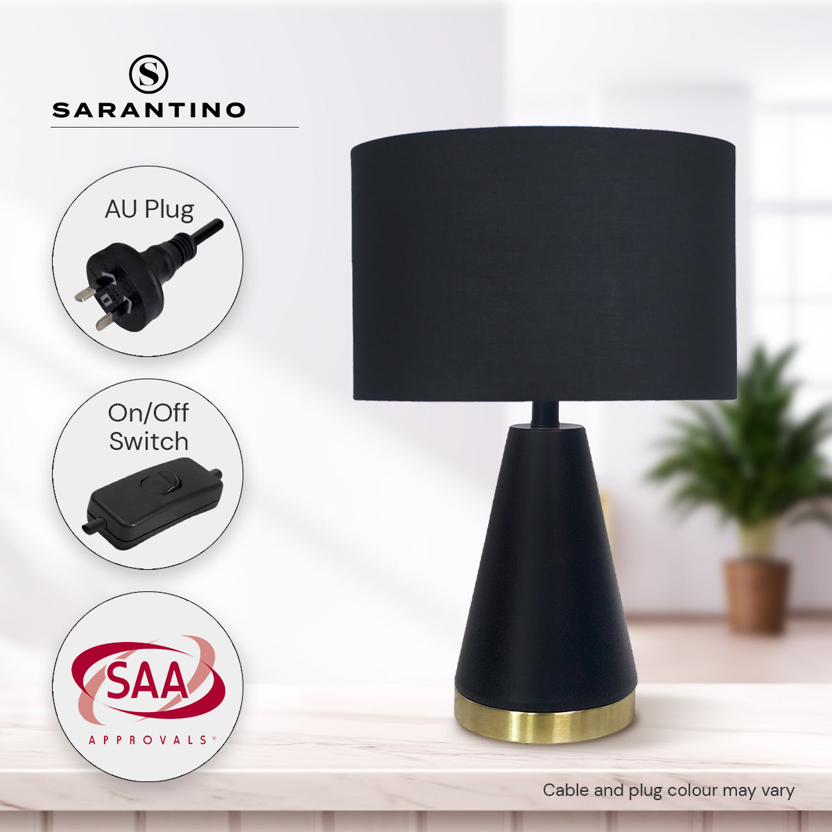 Black and Gold Metal Table Lamp with Fabric Shade Modern Bedside Desk Light for Living