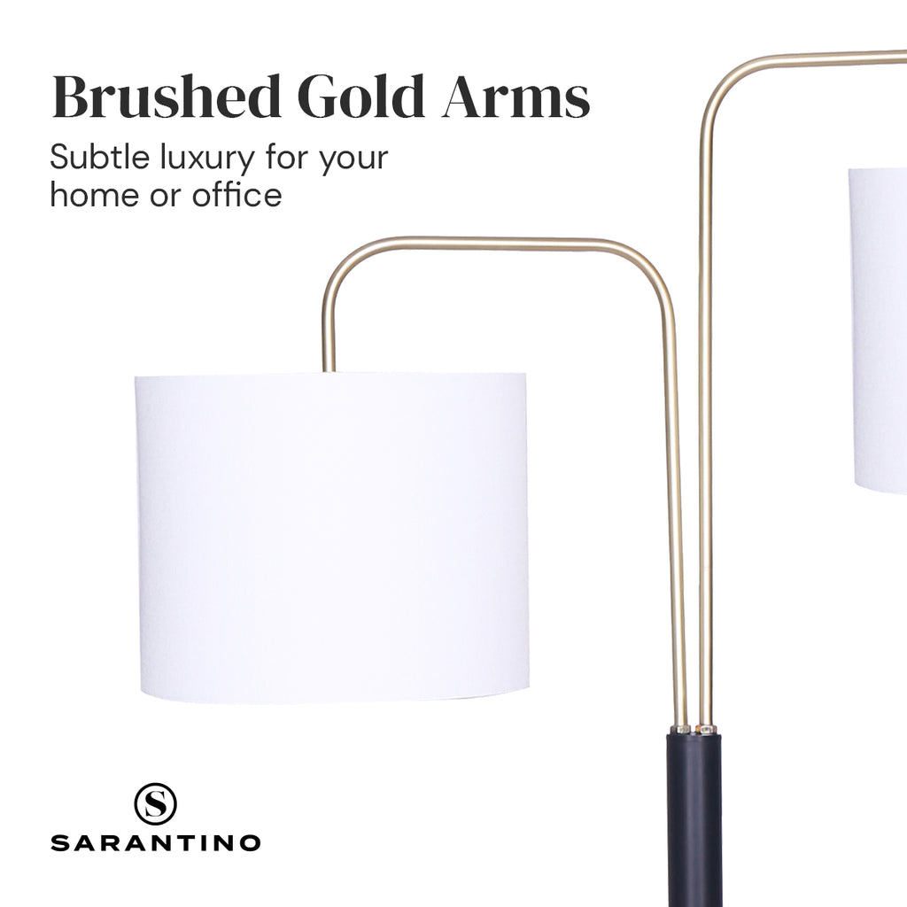 Modern Black & Gold Task Floor Lamp with Adjustable White Linen Shade Standing Light for