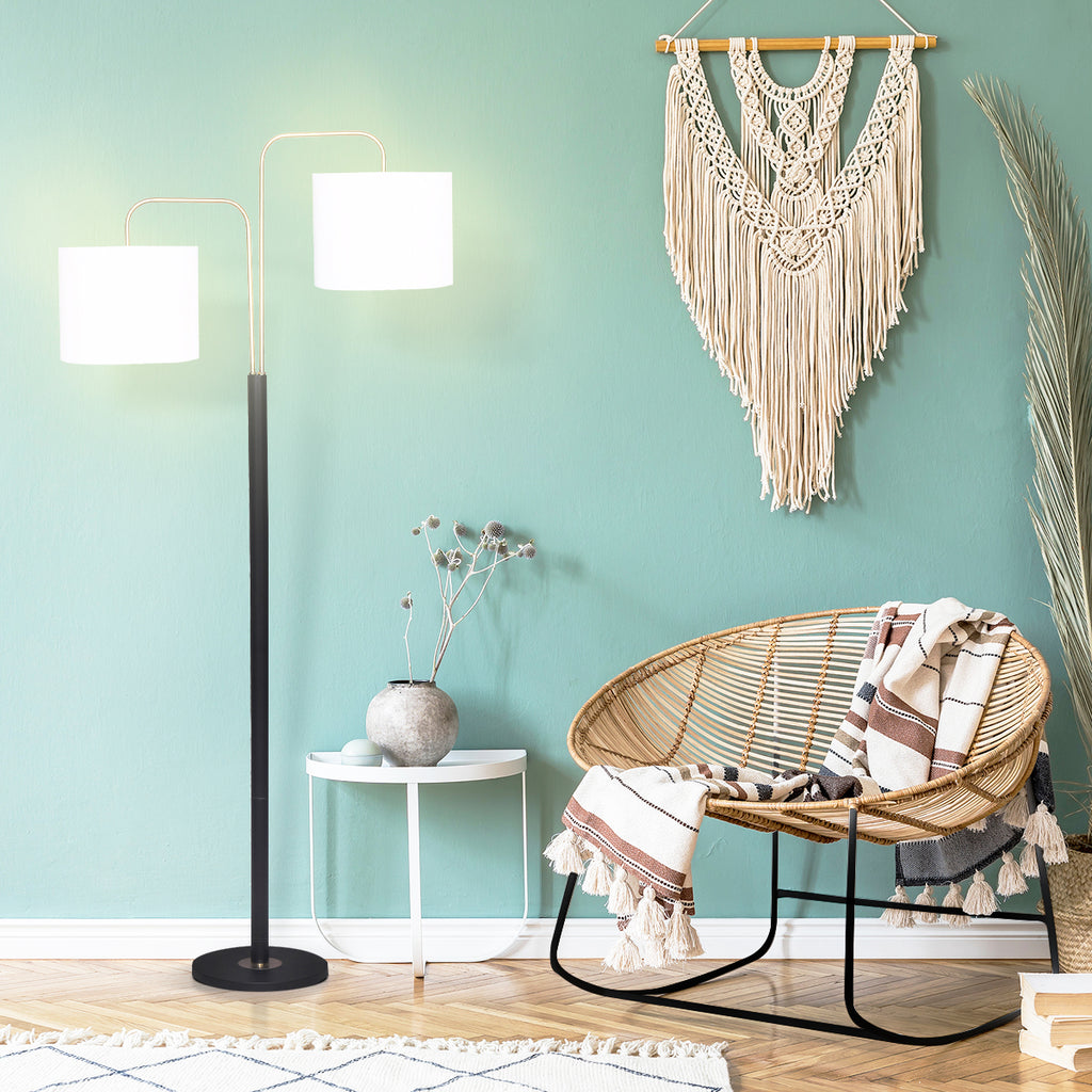 Modern Black & Gold Task Floor Lamp with Adjustable White Linen Shade Standing Light for