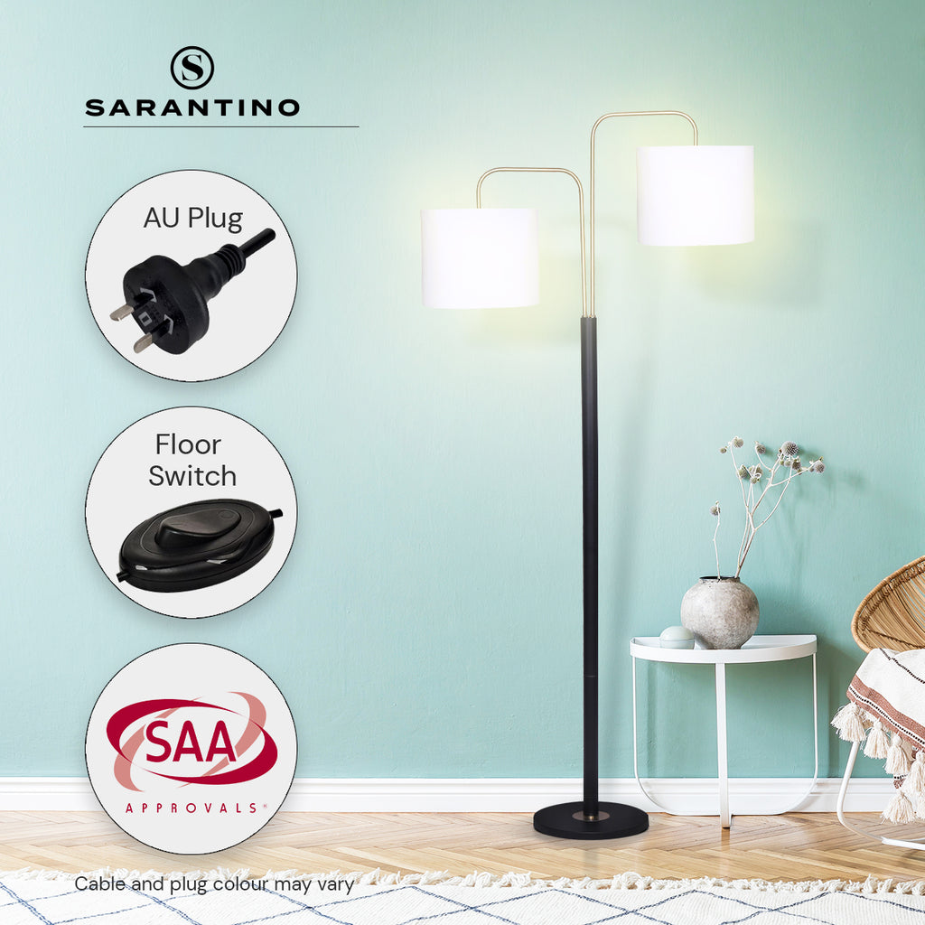Modern Black & Gold Task Floor Lamp with Adjustable White Linen Shade Standing Light for