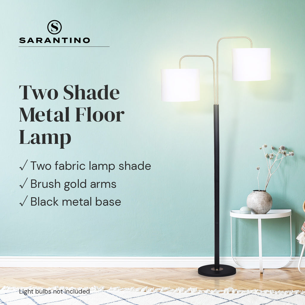 Modern Black & Gold Task Floor Lamp with Adjustable White Linen Shade Standing Light for