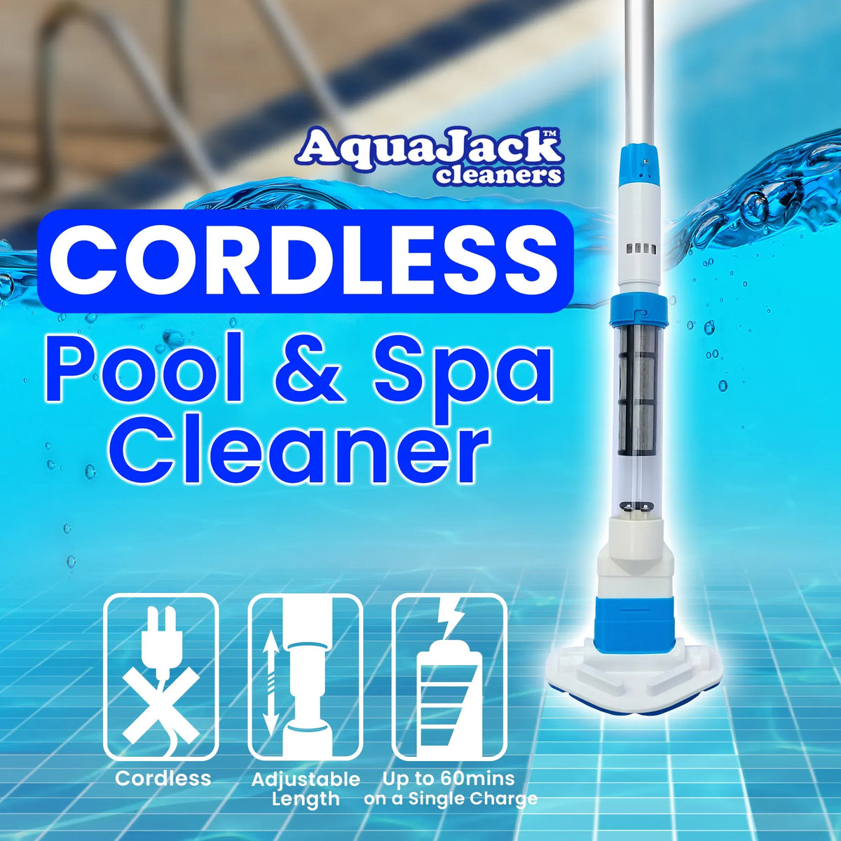 Cordless Rechargeable Spa and Pool Vacuum Cleaner with Telescopic Pole & 2 Heads - 60 Min