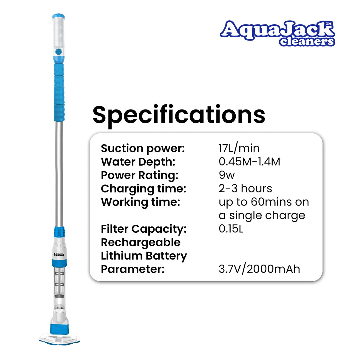 Cordless Rechargeable Spa and Pool Vacuum Cleaner with Telescopic Pole & 2 Heads - 60 Min