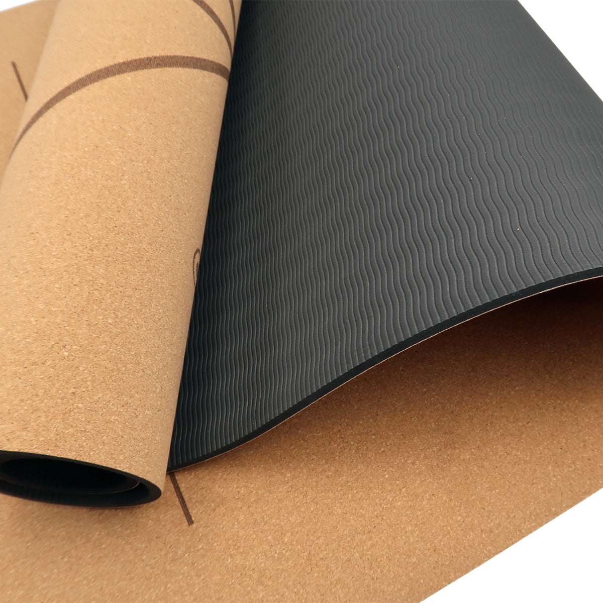 6mm Natural Cork Yoga Mat with Body Alignment Lines & Carry Strap - Non-Slip Double Layer