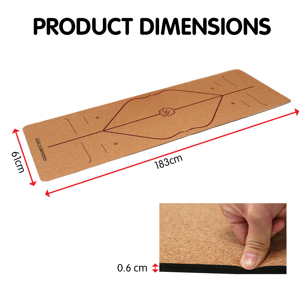 6mm Natural Cork Yoga Mat with Body Alignment Lines & Carry Strap - Non-Slip Double Layer