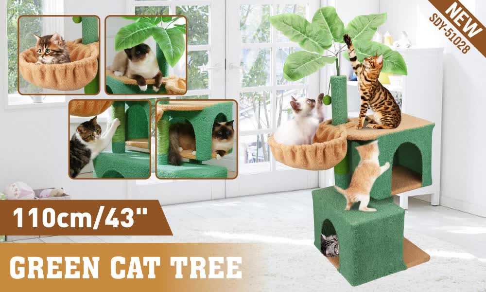 110cm Cat Tree Tower, Multi-Level Cat Scratching Post with Hammock, Condo & Play Ball