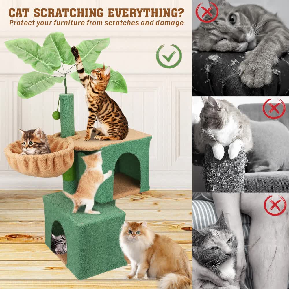 110cm Cat Tree Tower, Multi-Level Cat Scratching Post with Hammock, Condo & Play Ball