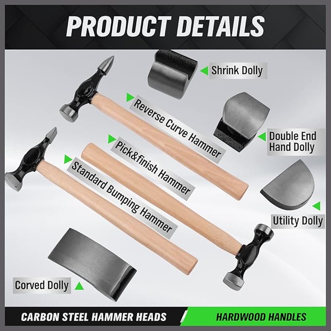7-Piece Auto Body Repair Kit, Auto Body Tools, Auto Body Repair Hammer and Dolly Tools
