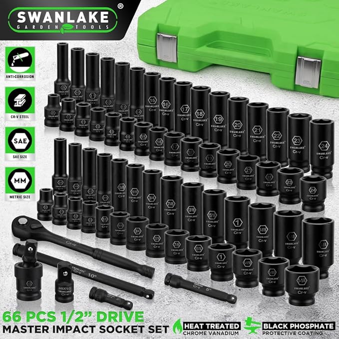 66-Pieces 1/2" Drive Impact Socket Set SAE Metric Extension Bar Impact Joint