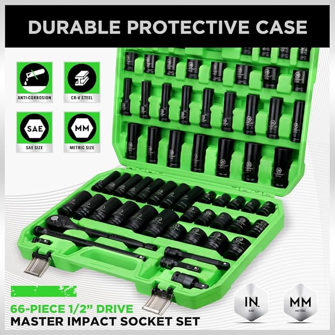 66-Pieces 1/2" Drive Impact Socket Set SAE Metric Extension Bar Impact Joint
