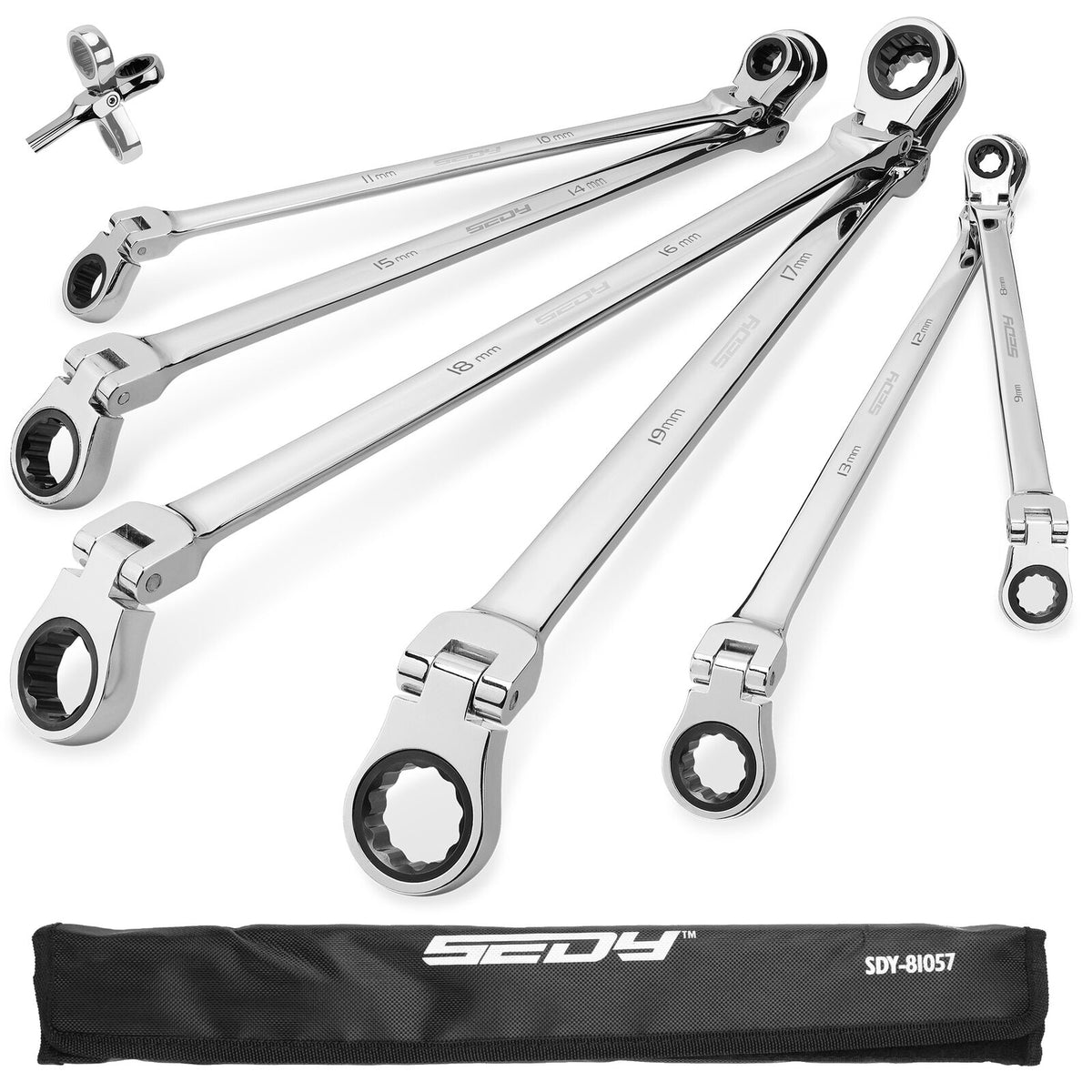 6Pcs Extra Long Flex-Head Ratchet Spanner Set Double Box End Spanner 8-19mm