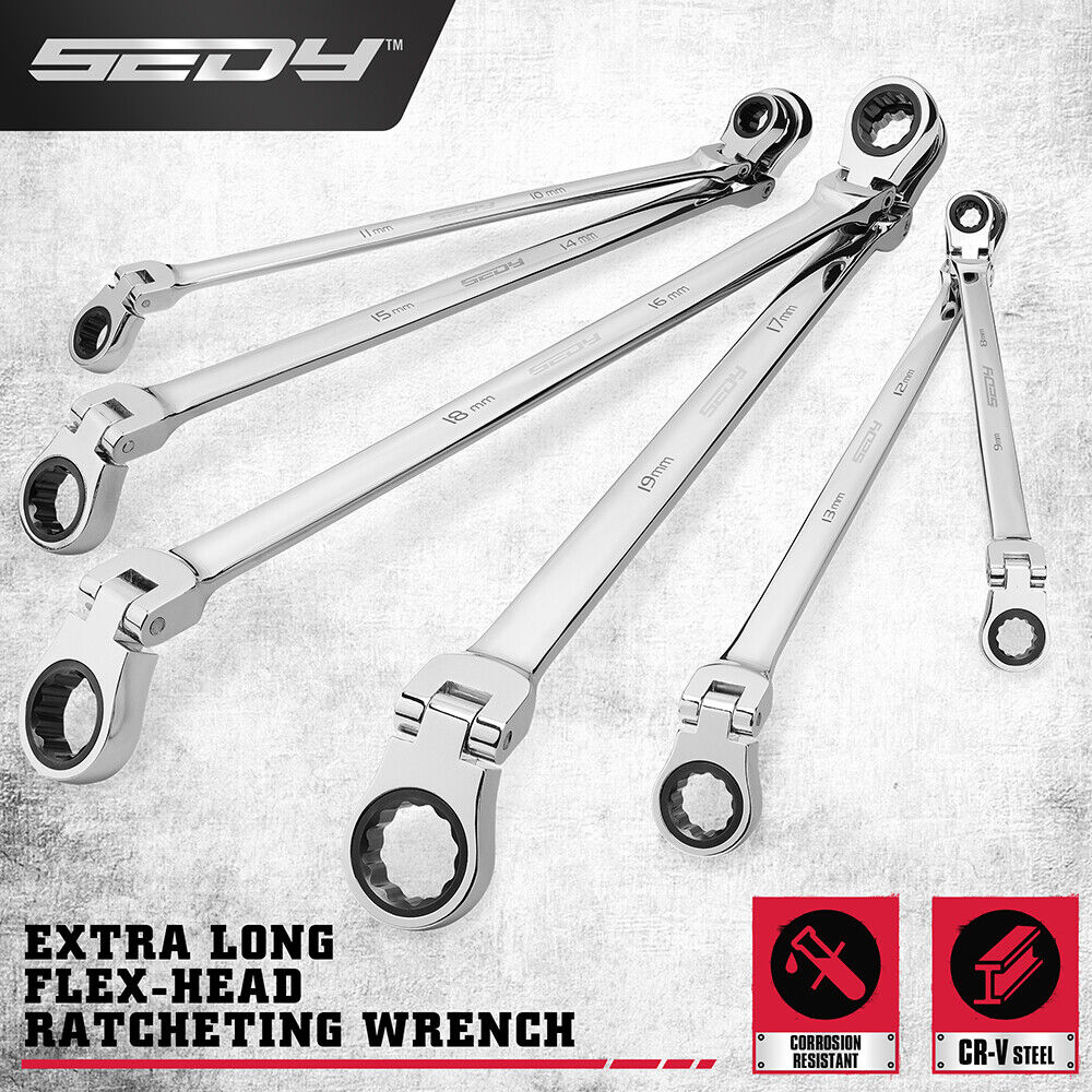 6Pcs Extra Long Flex-Head Ratchet Spanner Set Double Box End Spanner 8-19mm