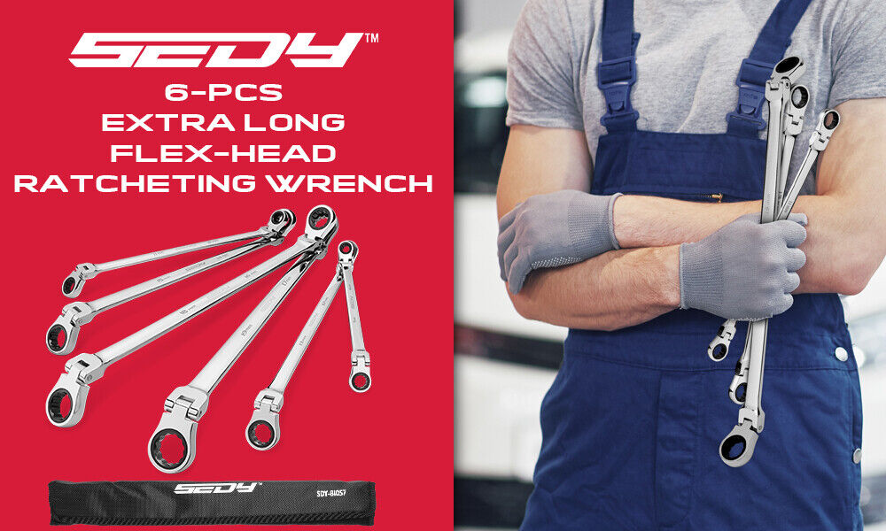 6Pcs Extra Long Flex-Head Ratchet Spanner Set Double Box End Spanner 8-19mm