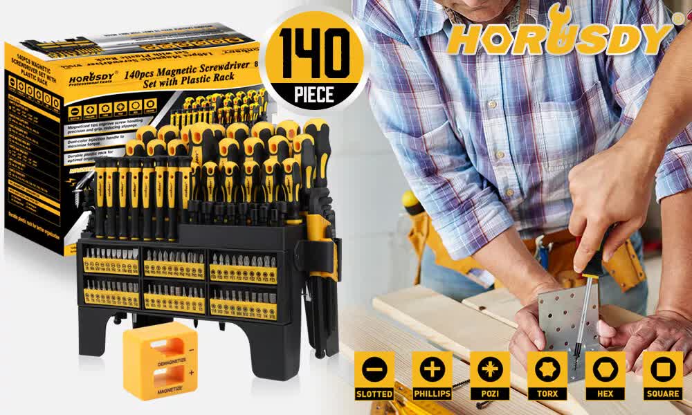 140-Piece Magnetic Screwdriver Set with Plastic Racking, Includes SAE & Metric Hex Keys