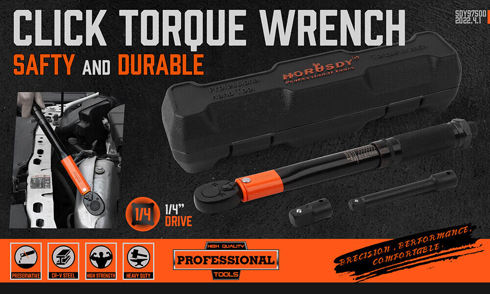 3Pc 1/4" Drive Click Torque Wrench Ratchet Socket with Adaptor Extension