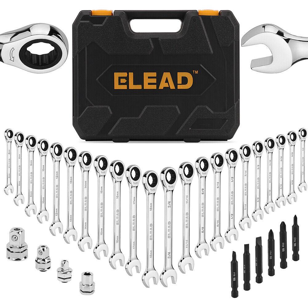 33Pcs Ratchet Wrench Set SAE Metric Wrench Phillips Slotted Bits Adapter