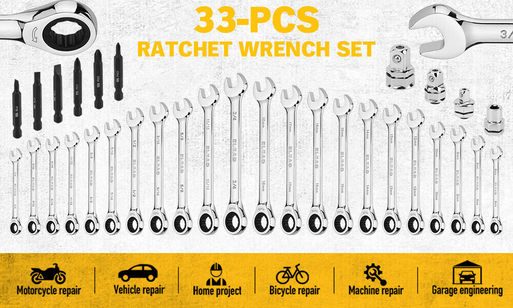 33Pcs Ratchet Wrench Set SAE Metric Wrench Phillips Slotted Bits Adapter