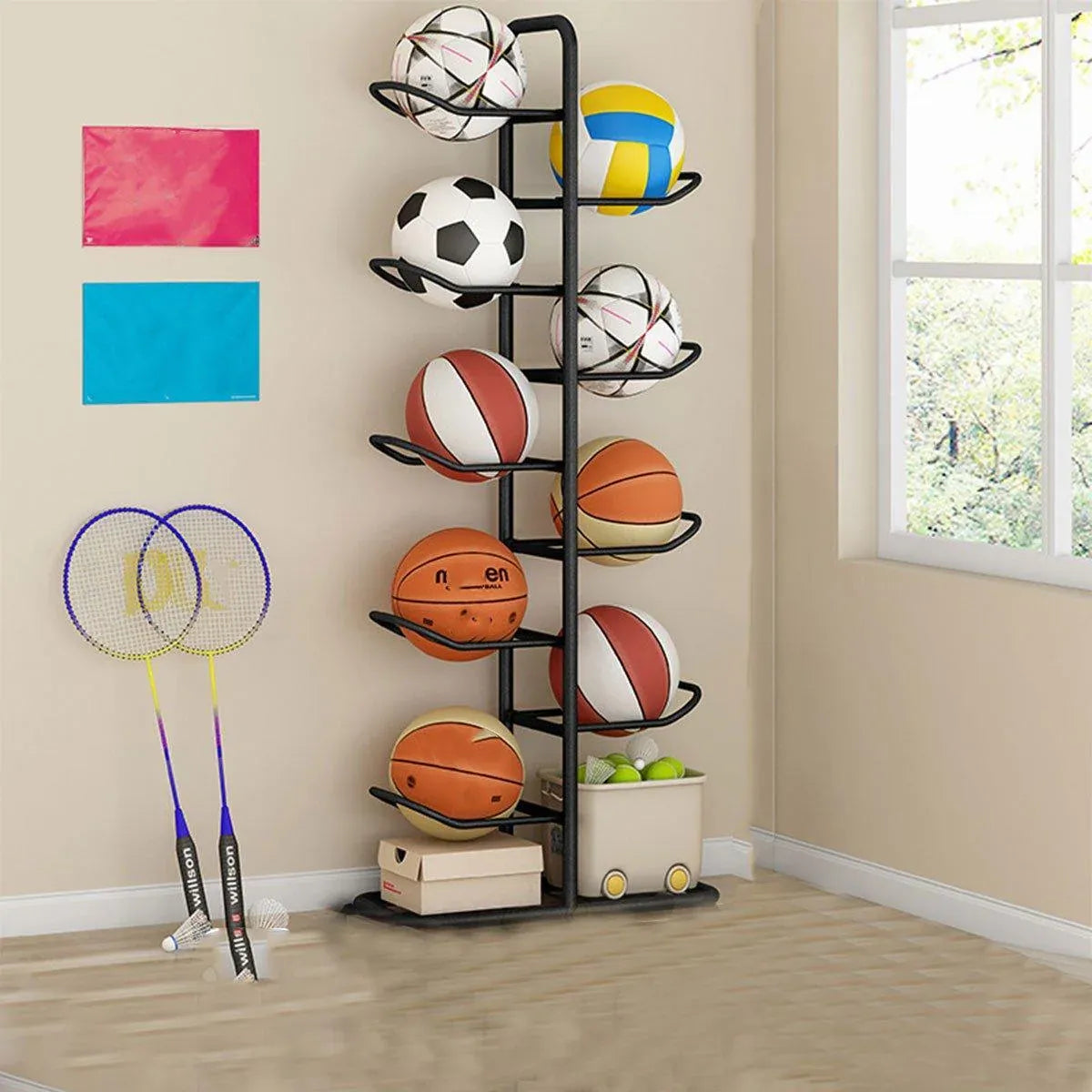 Multi-Layer Basketball Storage Rack Iron Frame Sports Equipment Organiser Shelf