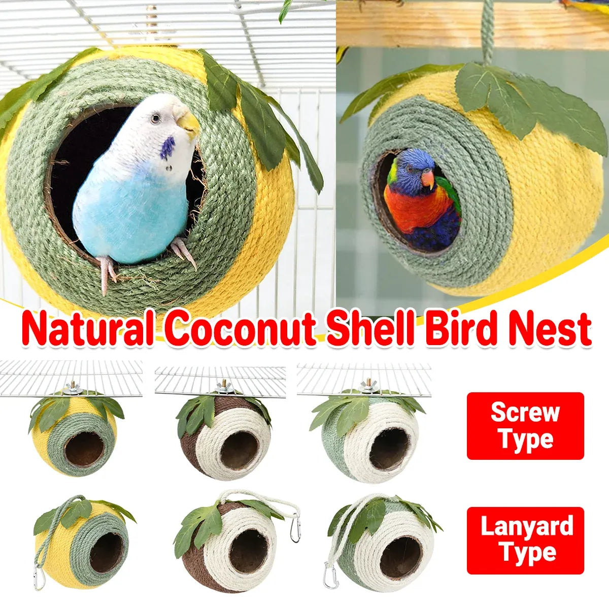 Bird Nest Parrot Nest Coconut Shell Braided Twine Colourful Cage Hanging Bed -