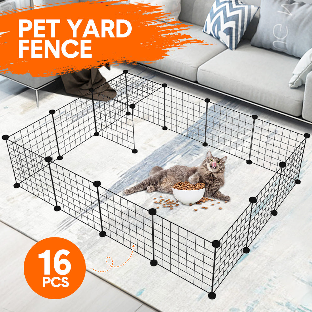 Pet Playpen Foldable Metal Pet Cage Enclosure Puppy Fence 16 Panels with Connection Clips