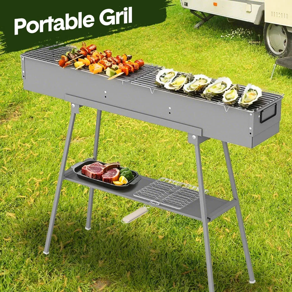 Portable Charcoal Grill Rectangular Folding Stainless Steel BBQ Grill L100xW18cm For