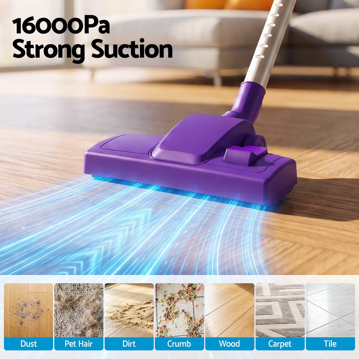 3-in-1 Corded Stick Vacuum Cleaner, 16000Pa Strong Suction, Purple