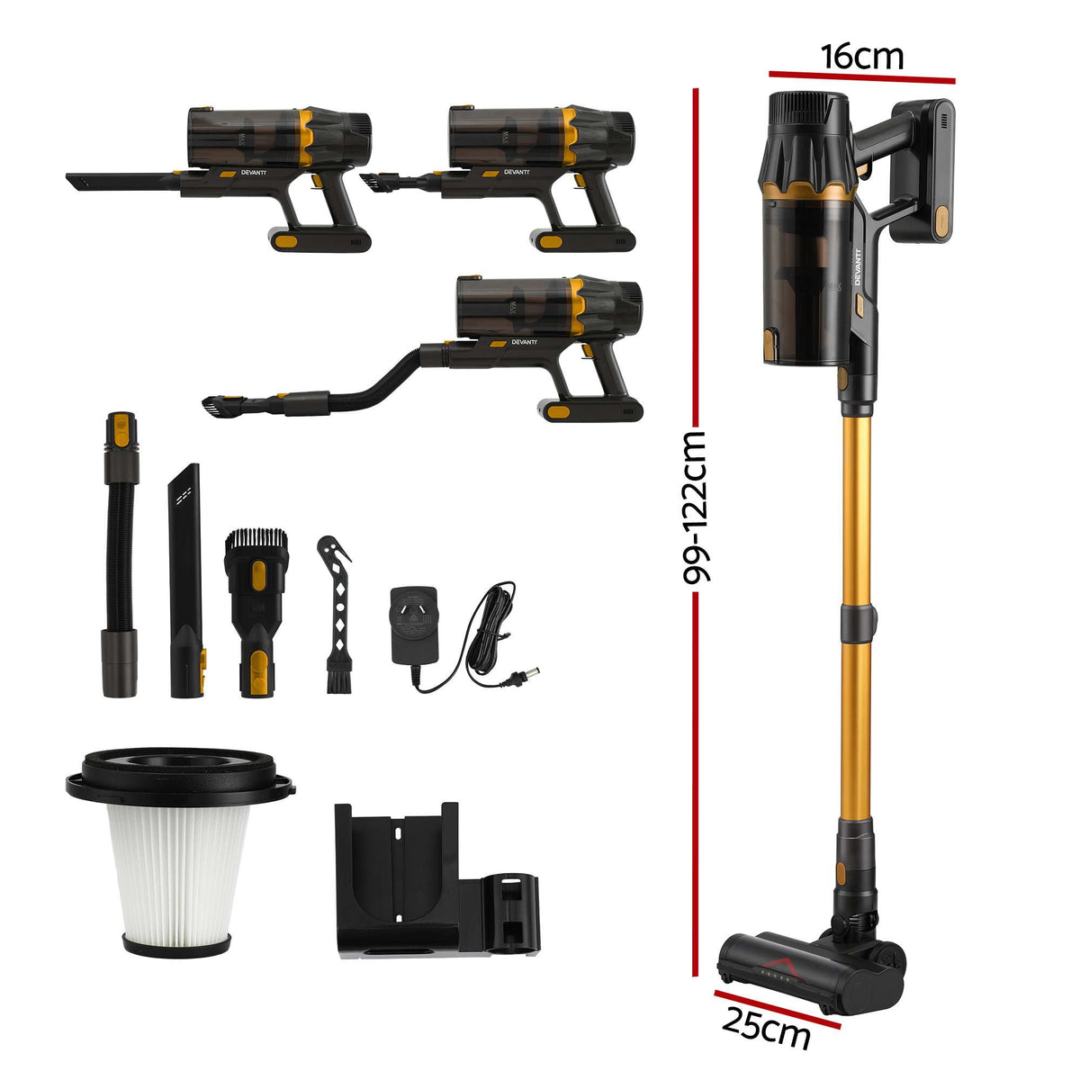30000Pa Cordless Stick Vacuum Cleaner 4-in-1 Handheld Vac, Gold