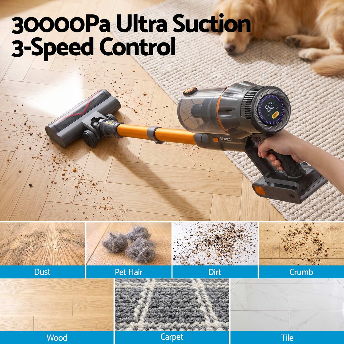 30000Pa Cordless Stick Vacuum Cleaner 4-in-1 Handheld Vac, Gold