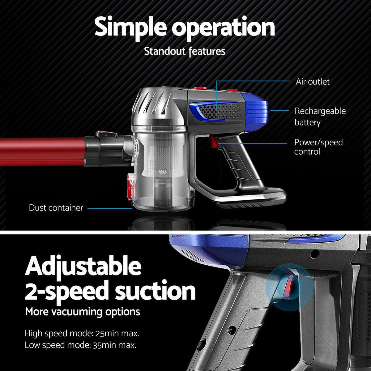 Stick Vacuum Cleaner Bagless Cordless Red 150W