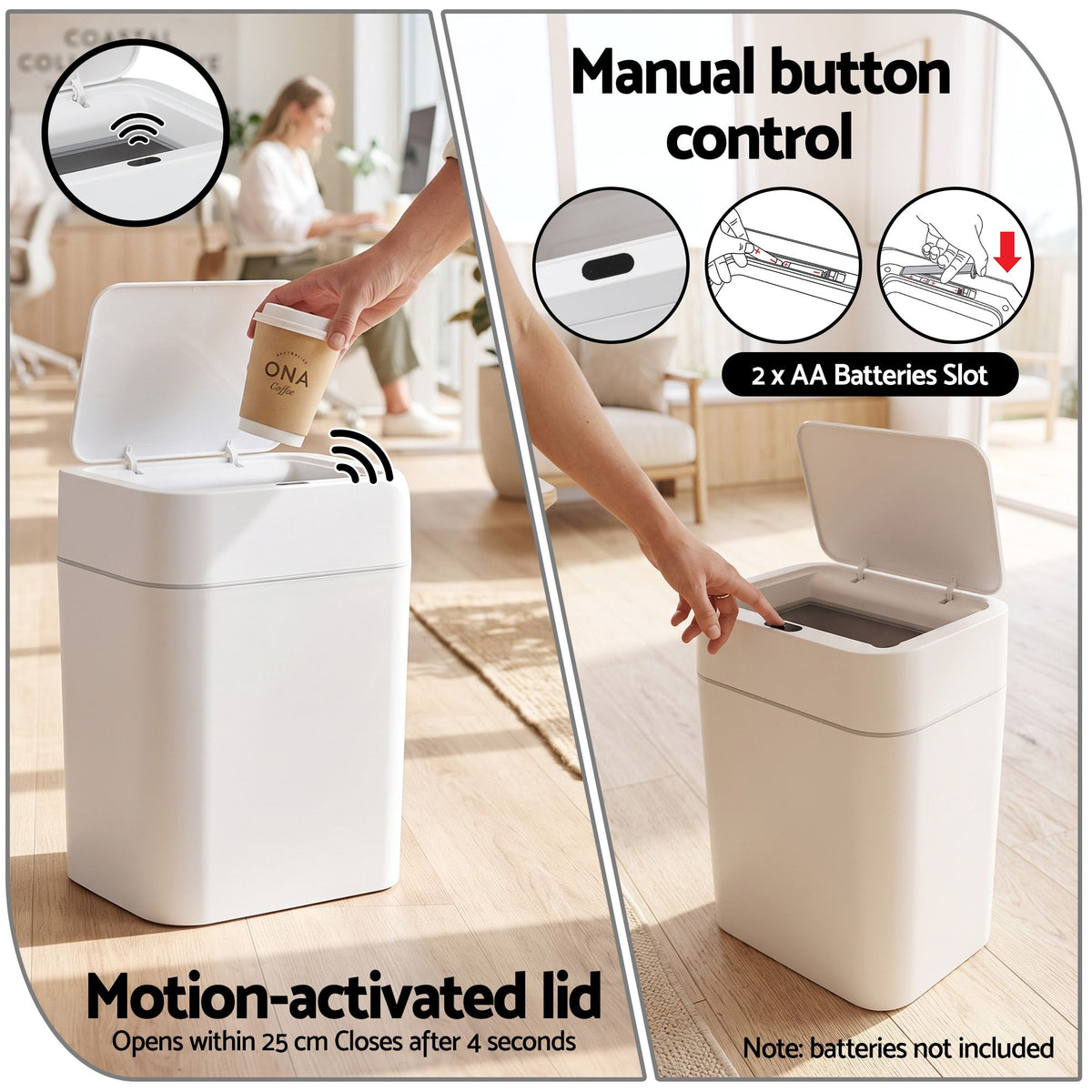 Rubbish Bin 12L 2-Pack Sensor Kitchen Automatic Motion Touchless White