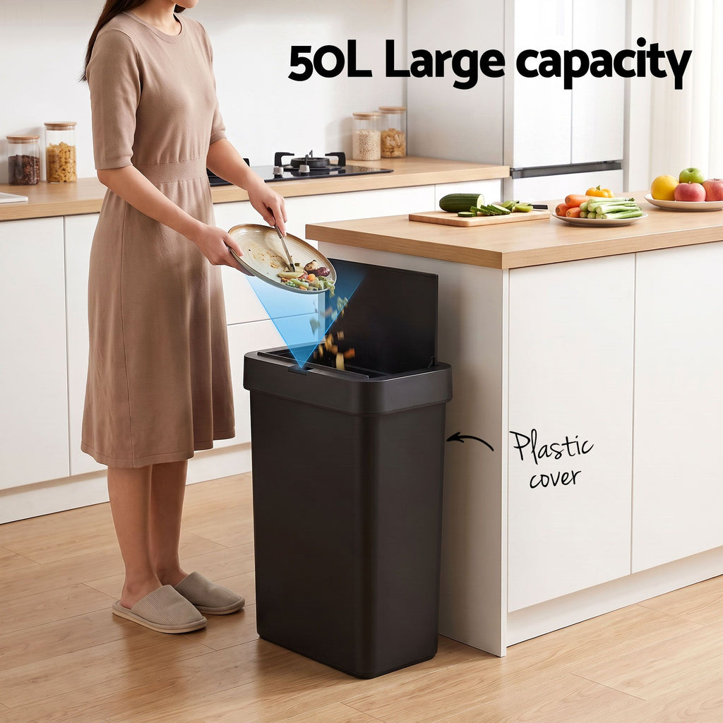 Rubbish Bin 50L Sensor Kitchen Automatic Motion Plastic Touchless Black