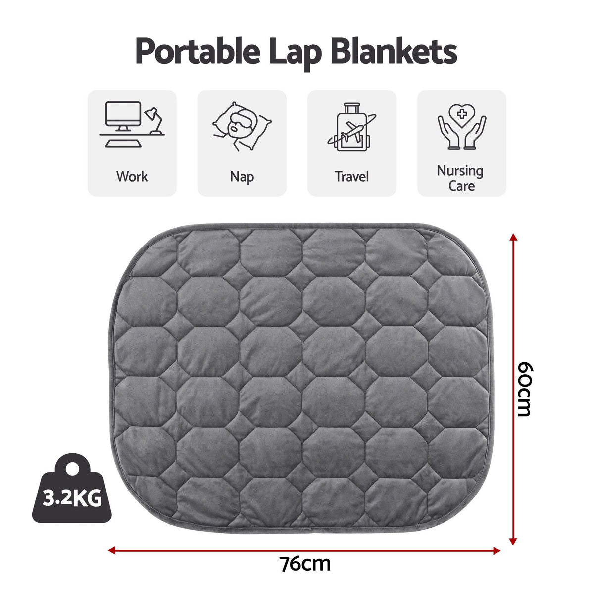 Weighted Lap Blanket 3.2KG Grey Crystal Velvet Quilted Glass Bead Fill for Sofa Office