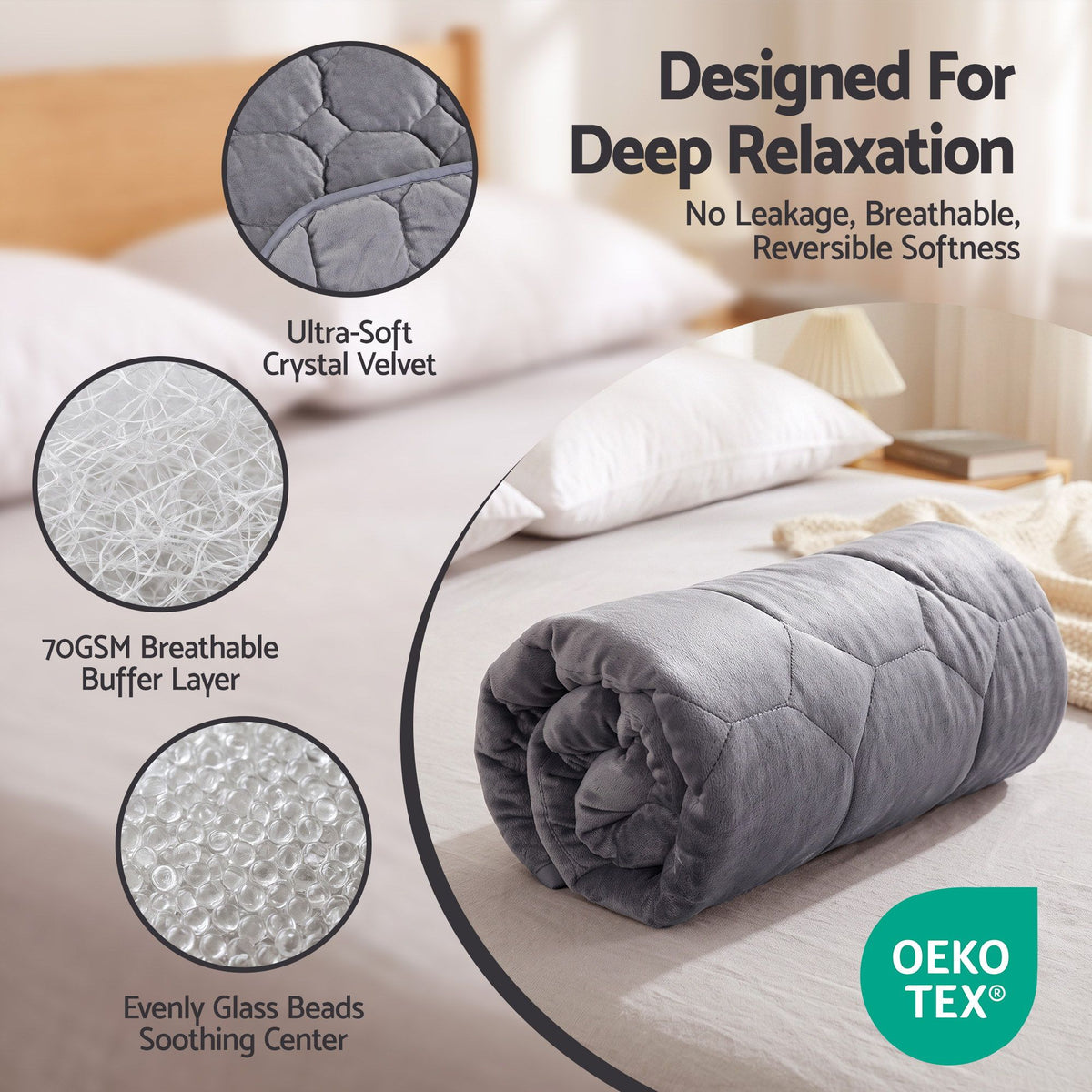 Weighted Lap Blanket 3.2KG Grey Crystal Velvet Quilted Glass Bead Fill for Sofa Office