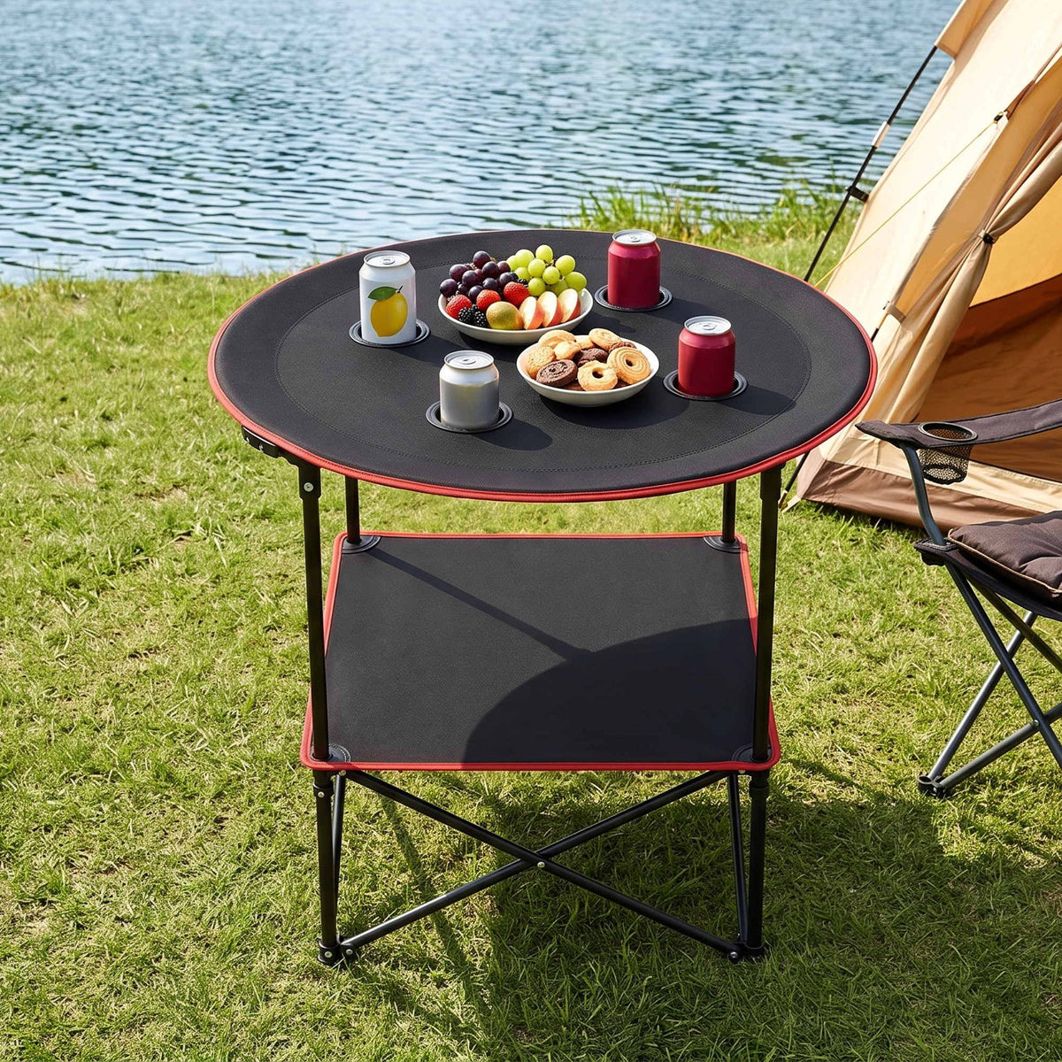 Folding Camping Table with 4 Cup Holders Metal Oxford 73CM Black