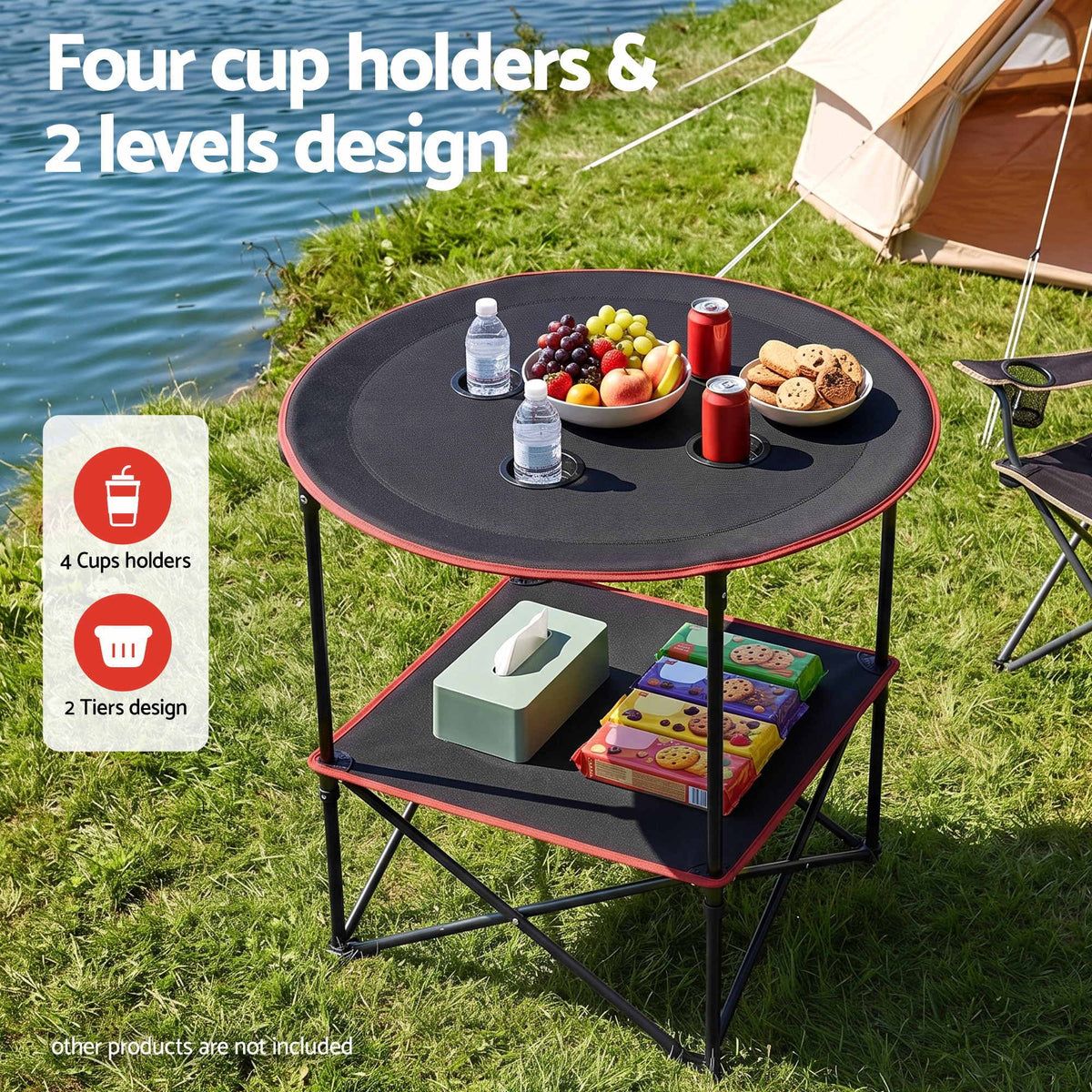 Folding Camping Table with 4 Cup Holders Metal Oxford 73CM Black