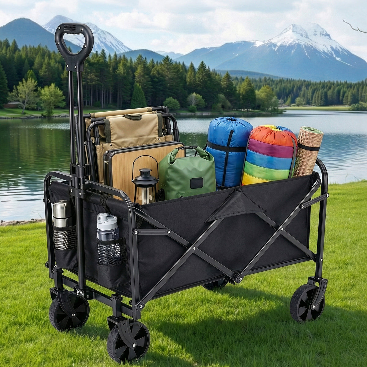 Garden Cart Folding Trolley Camping Wagon Barrow Outdoor Beach Black