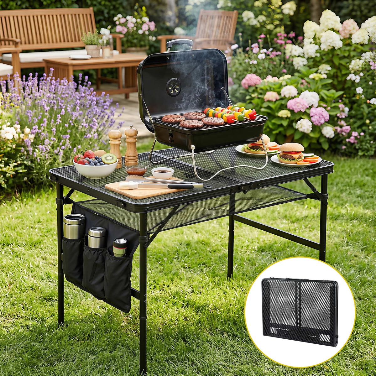 BBQ Camp Table, 90*60*66 Portable Foldable Lightweight Grill Outdoor Metal Table 3.9kg