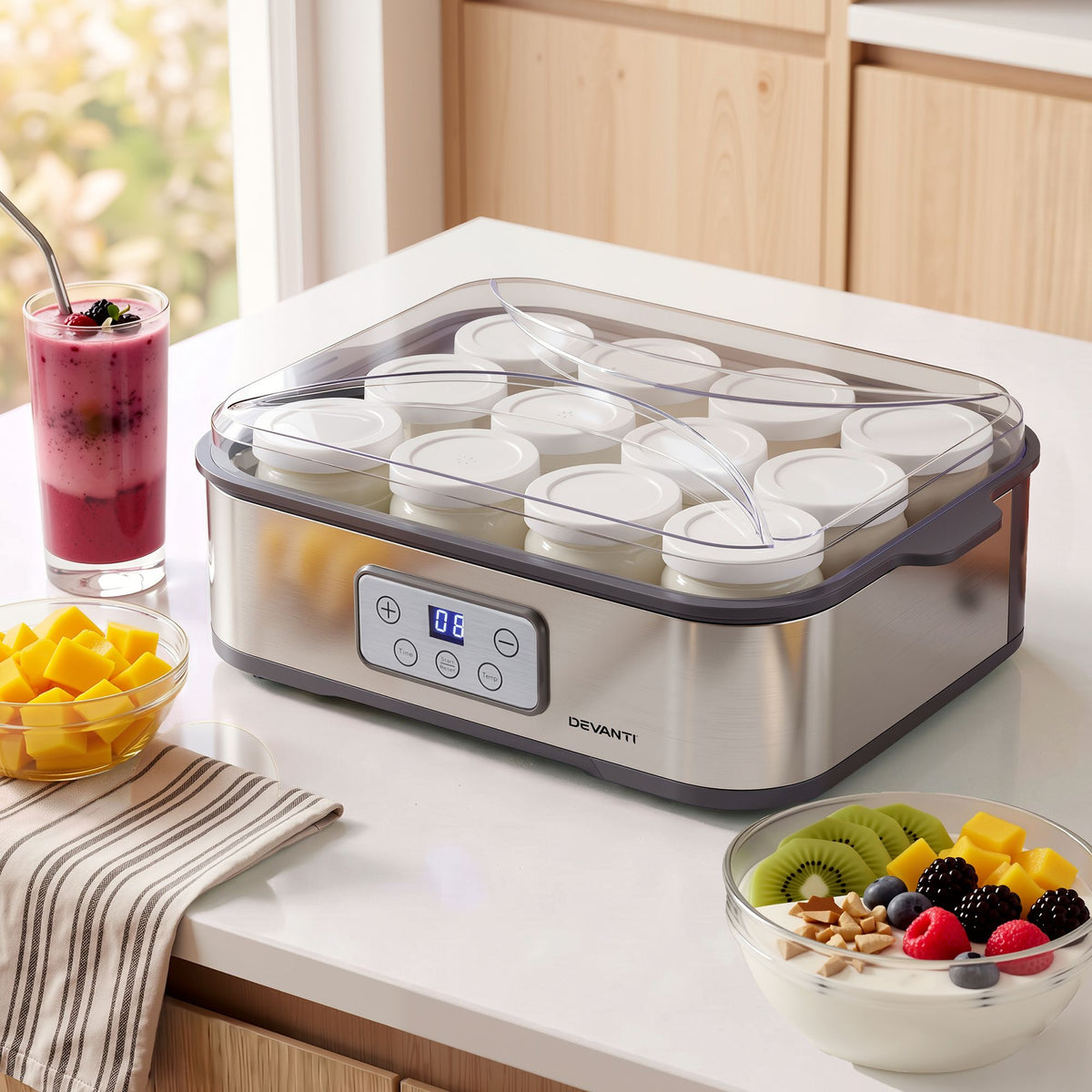Yoghurt Maker Machine with 12x180ml Glass Cups Temp Control Grey