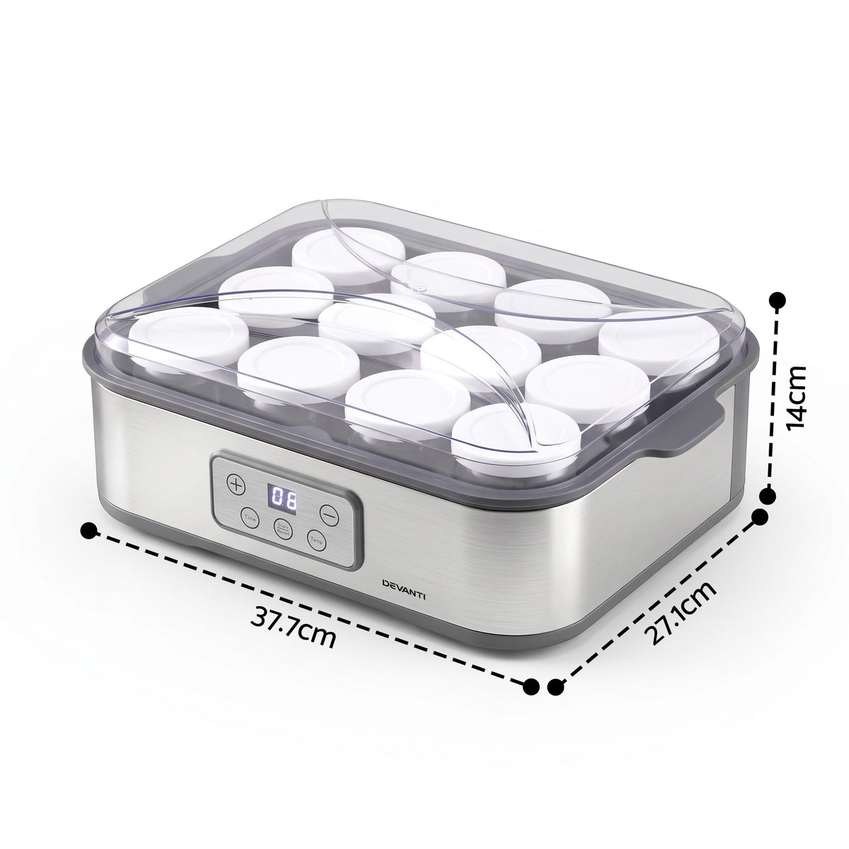 Yoghurt Maker Machine with 12x180ml Glass Cups Temp Control Grey