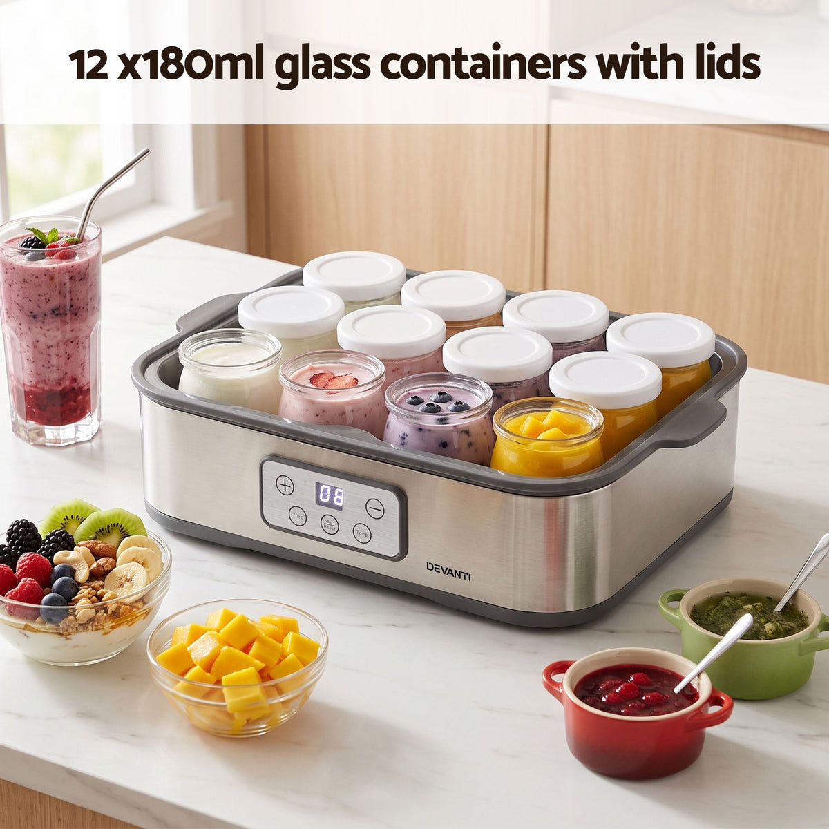 Yoghurt Maker Machine with 12x180ml Glass Cups Temp Control Grey
