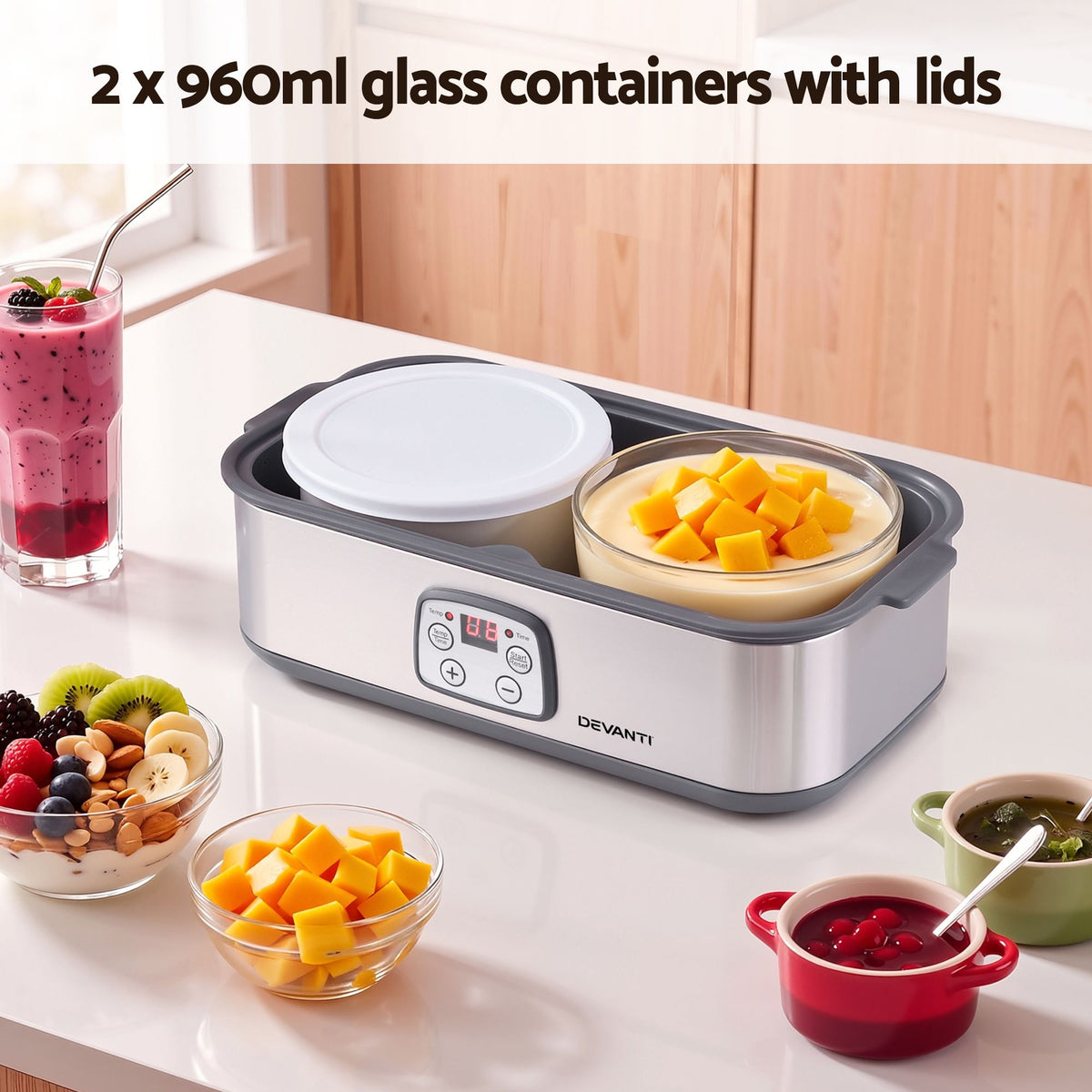 Greek Yoghurt Maker Machine 2x960ml Large Tubs Temp Control Grey