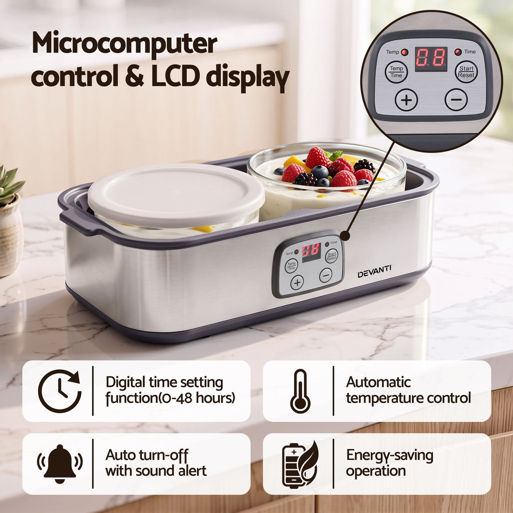 Greek Yoghurt Maker Machine 2x960ml Large Tubs Temp Control Grey