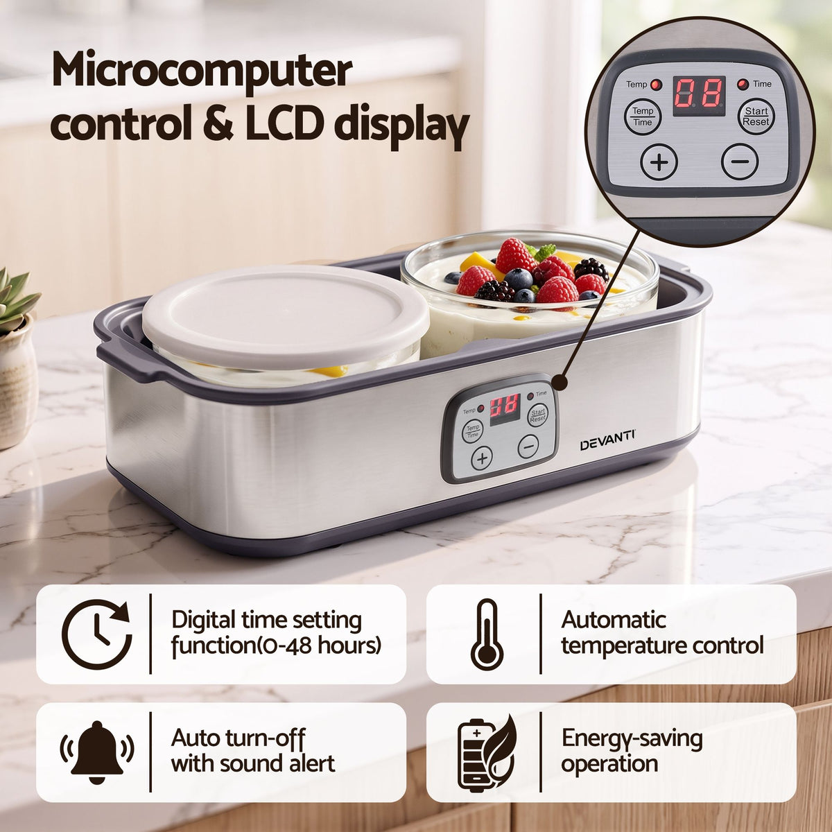 Greek Yoghurt Maker Machine 2x960ml Large Tubs Temp Control Grey