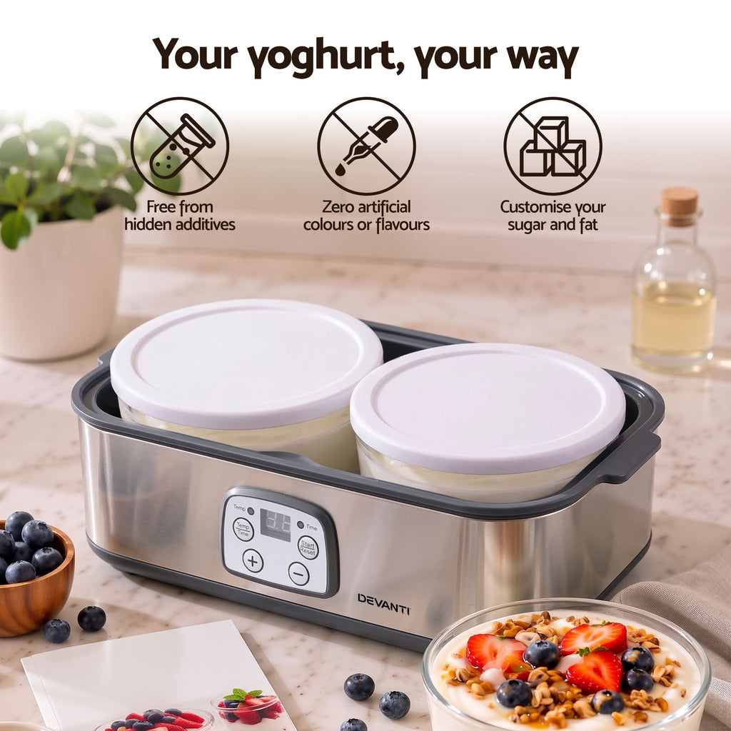 Greek Yoghurt Maker Machine 2x960ml Large Tubs Temp Control Grey