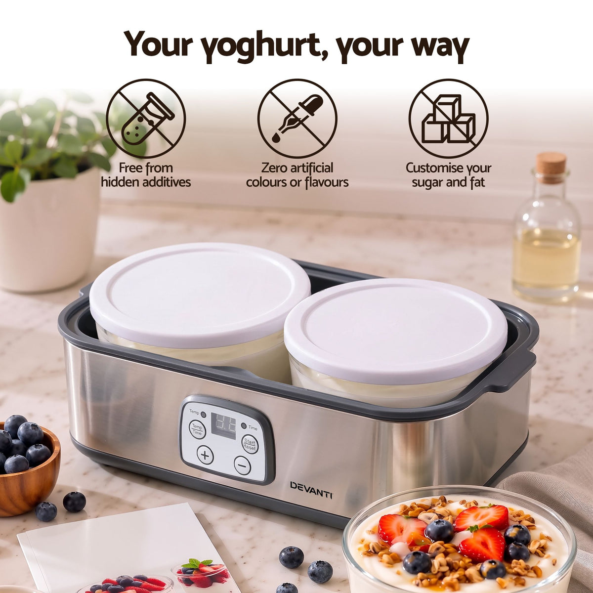 Greek Yoghurt Maker Machine 2x960ml Large Tubs Temp Control Grey